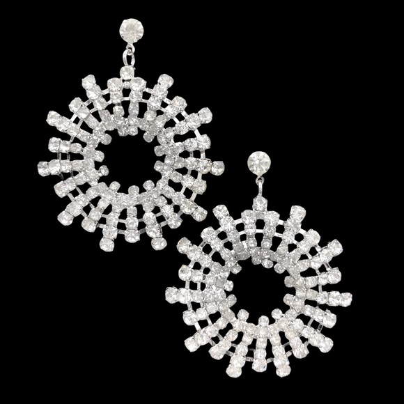 Clear Rhinestones Unique Circle Burst Formal Post Drop Earrings - Picture 1 of 3